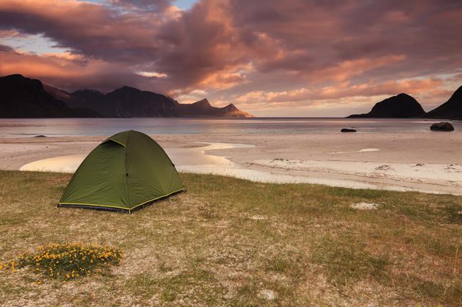 Camping near a beach at Lofoten Island